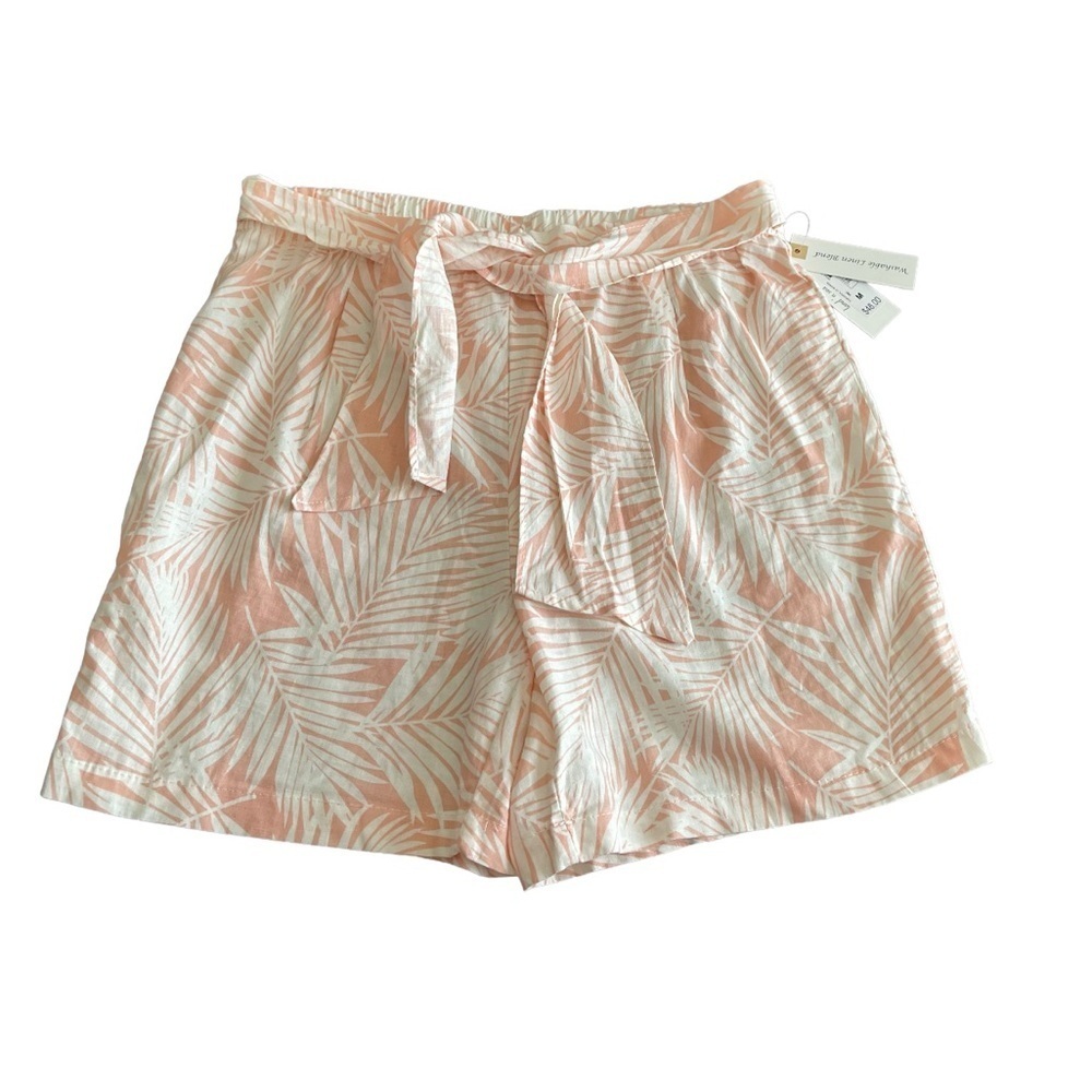 Land n sea Linen Tropical Leaf Print Tie Shorts Size M Pale Pink Cream Stretch